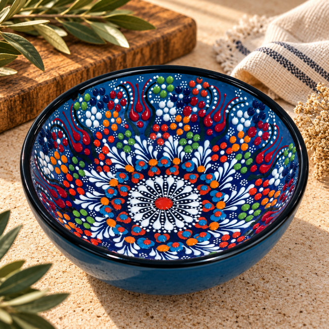 15 cm Blue Hand Painted Turkish Ceramic Bowl – Floral Dantel Design